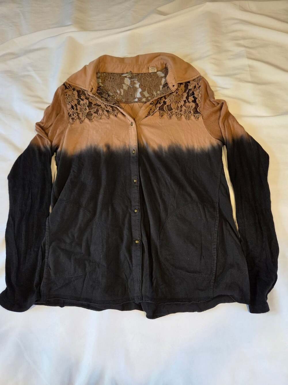 BKE Women's Dip-Dyed Ombre Button-Down Long Sleeve Shirt with Lace Size XL